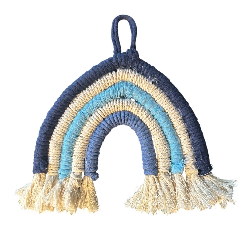 Macrame Rainbow Wall Hanging Blue Cream Boho Art Handmade Coastal Home Decor